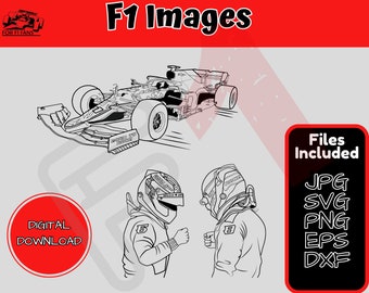 Puede incluir: Ilustración en blanco y negro de un coche de Fórmula 1 y dos cascos de carreras. La imagen incluye el texto "F1 Images", "Descarga digital" y una lista de tipos de archivos: JPG, SVG, PNG, EPS y DXF.