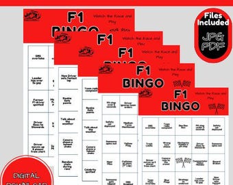 May include: A set of six F1 Bingo game sheets with a red and white color scheme. The game sheets include the text "F1 Bingo" and "Watch the Race and Play". The image also includes the text "Digital Download".