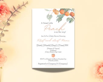 Little Sweet Peach Baby Shower Invite Template | Modern Stylish and Personalized for Your Special Event | Summer Invitation | Canva Template