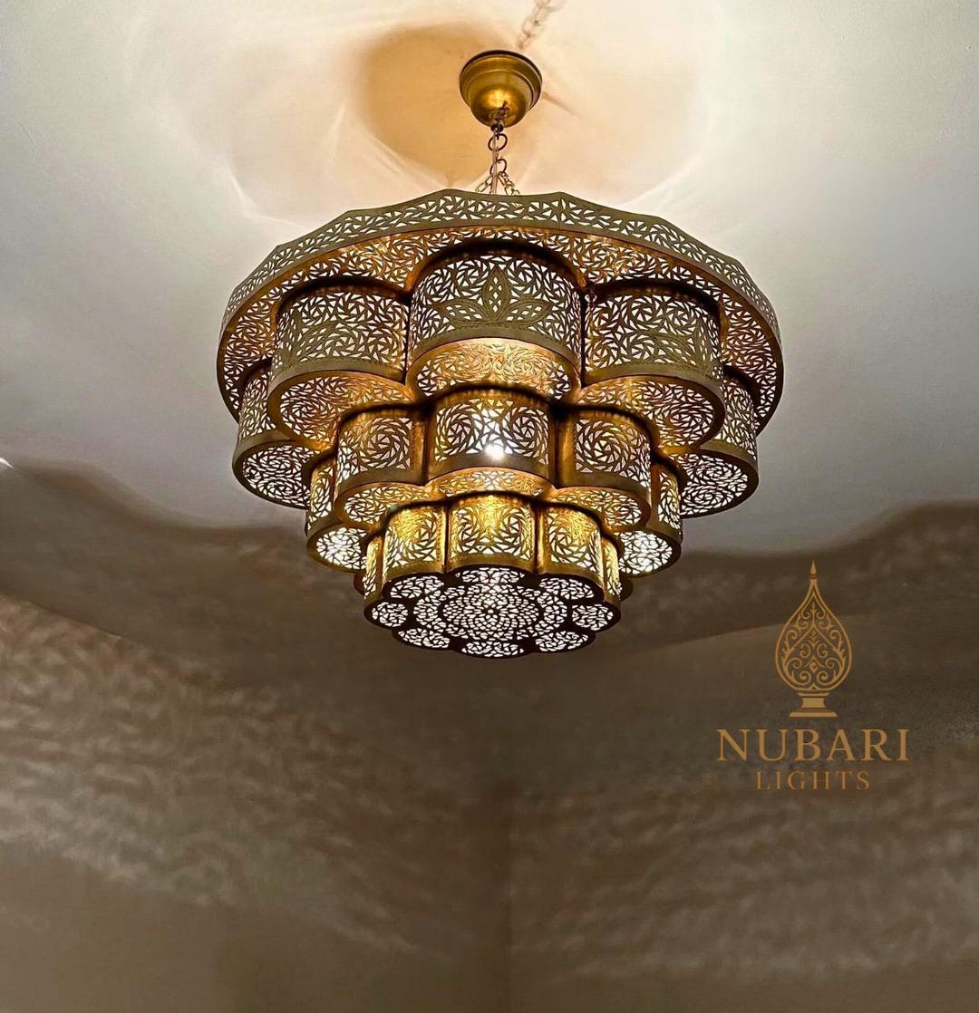 Moroccan Brass Chandelier – Handmade Oriental Ceiling Light – Multi ...
