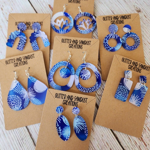 Blue Dandelion Earrings - Fun - Unique - Sassy - Gift for Her - Stylish - Multiple Styles - Laser Cut - Acrylic - Fireworks - Whimsical