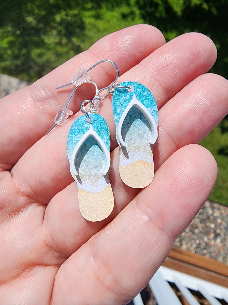 Beach Flip Flop Earrings Laser Cut Acrylic Earrings Unique Fun Dangle Beach Lover Gift for Her Summer Sunshine Sand image 1