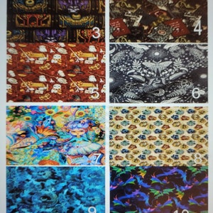 May include: A collage of 12 different fabric patterns featuring various designs, including dragons, flowers, and geometric shapes. The fabrics are in a variety of colors, including blue, green, red, and yellow.