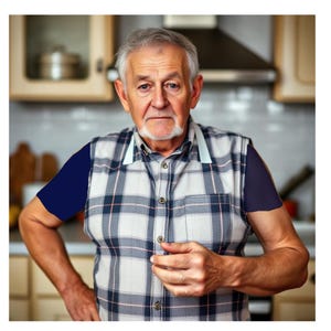 Puede incluir: Un hombre con una camisa a cuadros azul y blanca con una camiseta azul marino debajo. Está de pie en una cocina con una expresión neutral en su rostro.