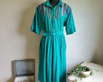 1980s Southwest Shirtdress Dress Teal