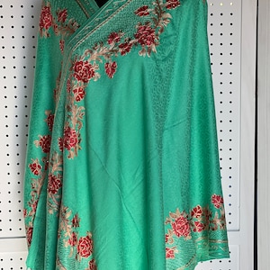 Handmade Silk Wool Stole: Green Floral Embroidery, Shimmery Crystals