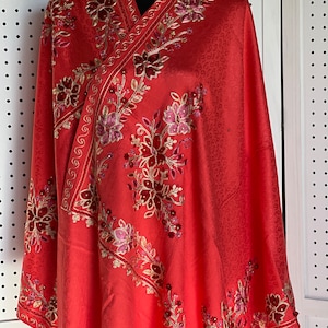 Handmade Silk Wool Scarf: Red Floral Embroidery, Crystal Detail