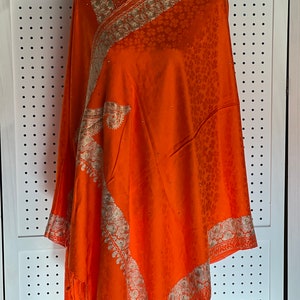 Orange Silk Wool Scarf: Handmade Embroidered Crystal Stole