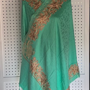 Handmade Silk Wool Scarf: Green Stole with Crystal Embroidery