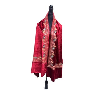 Handmade Red Velvet Stole: Crystal & Thread Embroidery Shawl