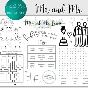 Mr and Mr Personalised Wedding Day Children's Activity Sheet - Digital Download - Print at Home