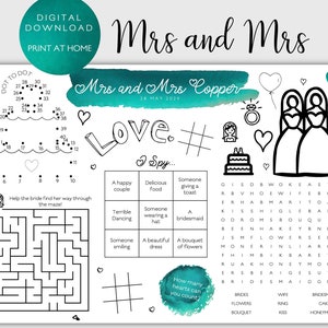 Mrs and Mrs Personalised Wedding Day Children's Activity Sheet - Digital Download - Print at Home