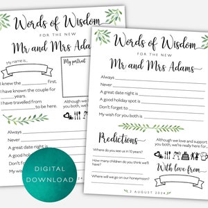 Personalised Advice for the Bride and Groom Cards - Digital Download - Print at Home - Green leaves