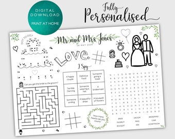 Personalised Wedding Day Children's Activity Sheet - Digital Download - Print at Home - Green leaves