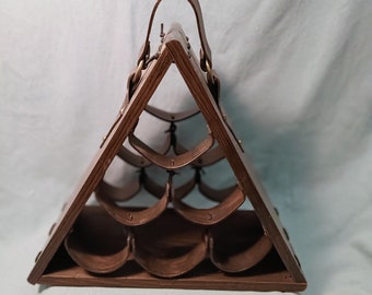 Rare vintage triangle leather and wood wine rack | liquor bottle holder | bar decoration | gift