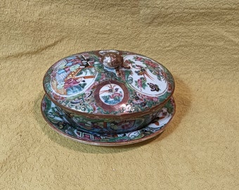Antike chinesische Export handbemalte Famille rose Medaillon ovale Keramik | Porzellanschale und Bodenplatte | Qing Dynastie | Sammlerstück | Jahrhundert