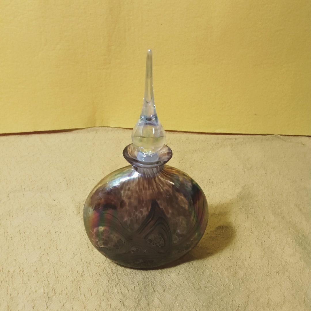 Vintage Hand Blown Iridescent Flat Perfume Scent Art Glass Bottle ...