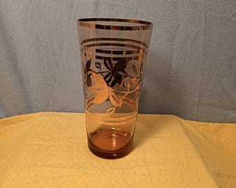 Vintage Gilt-Decorated Floral Design Amber Color Glass Vase | Home Decor | Glass Tumbler | Collectible | gift