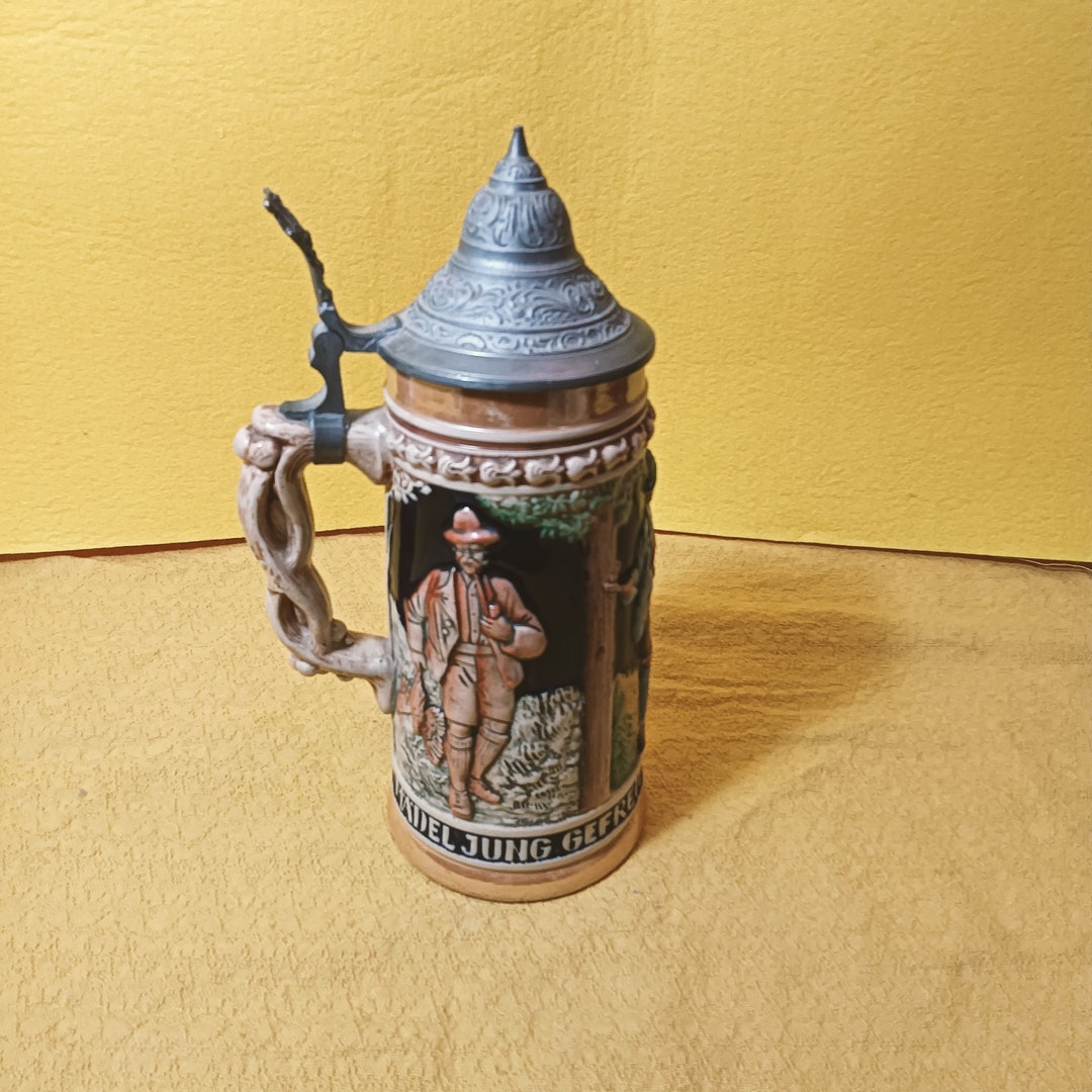 Large Vintage German Ceramic Beer Stein Mug With Pewter Lid Etsy