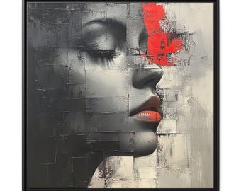 Fragmented Abstract Beauty Wall Art Modern Woman Portrait Canvas Print Grayscale with Red Accents