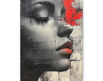 Abstract Woman Portrait Canvas Print: Grayscale with Red Accents
