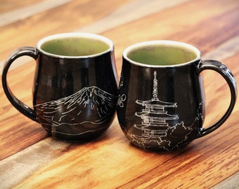 Custom Handmade Carved Ceramic Partner Mugs | Pair | Couples Set | Anniversary | Wedding | Sgraffito