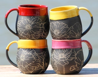 Pre-Order: Handmade Carved Ceramic Mug | Poppy | Wheel Thrown Stoneware | Sgraffito