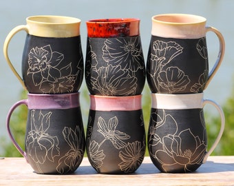 Handmade Carved Ceramic Mug | Flower | Wheel Thrown Stoneware | Sgraffito | 1 Mug