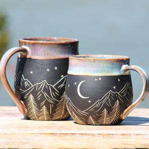 Handmade Carved Ceramic Mug | Mountains | Wheel Thrown Stoneware | Sgraffito | 1 Mug