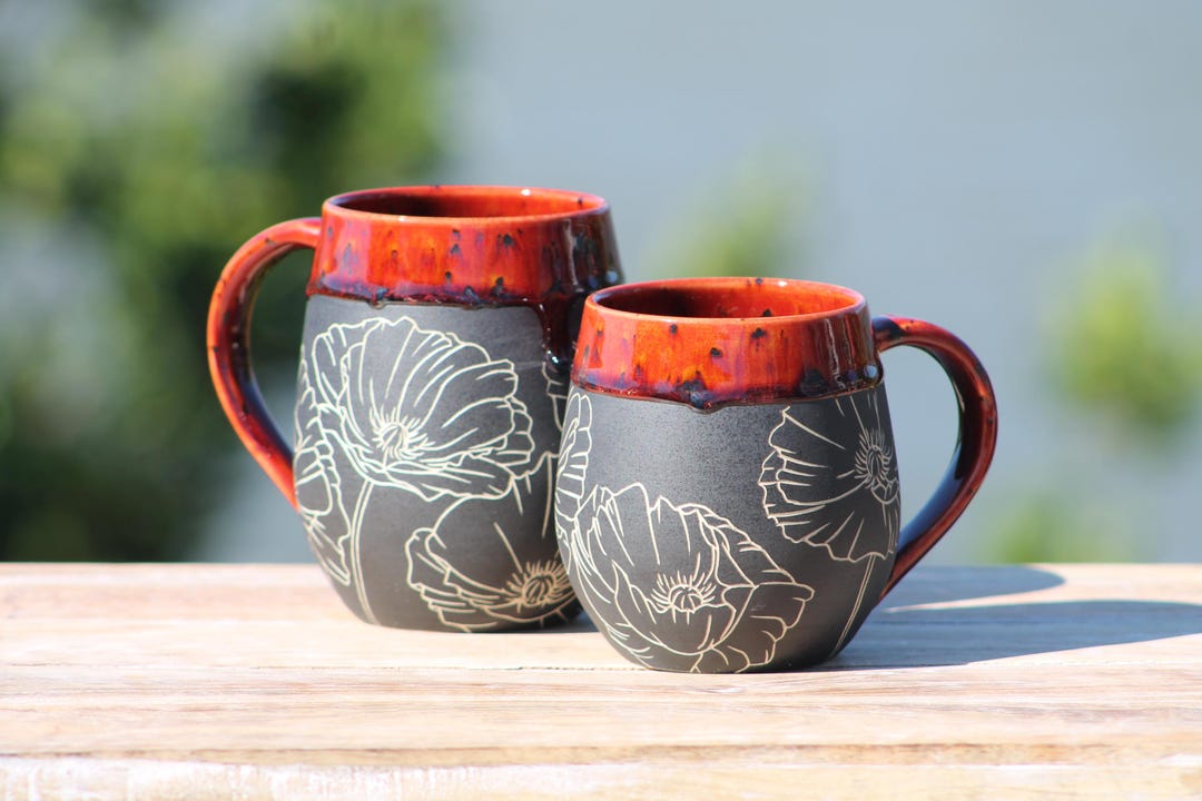 Handmade Carved Ceramic Mug | Poppy | Wheel Thrown Stoneware ...
