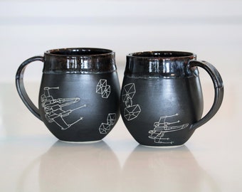 Pre-Order: Handmade Carved Ceramic Mug | X-Wing | TIE Fighter | Star Wars | Wheel Thrown Stoneware | Sgraffito | 1 Mug