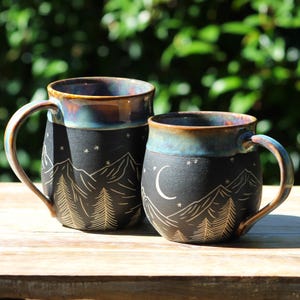 Handmade Carved Ceramic Mug | Mountains | Wheel Thrown Stoneware | Sgraffito | 1 Mug
