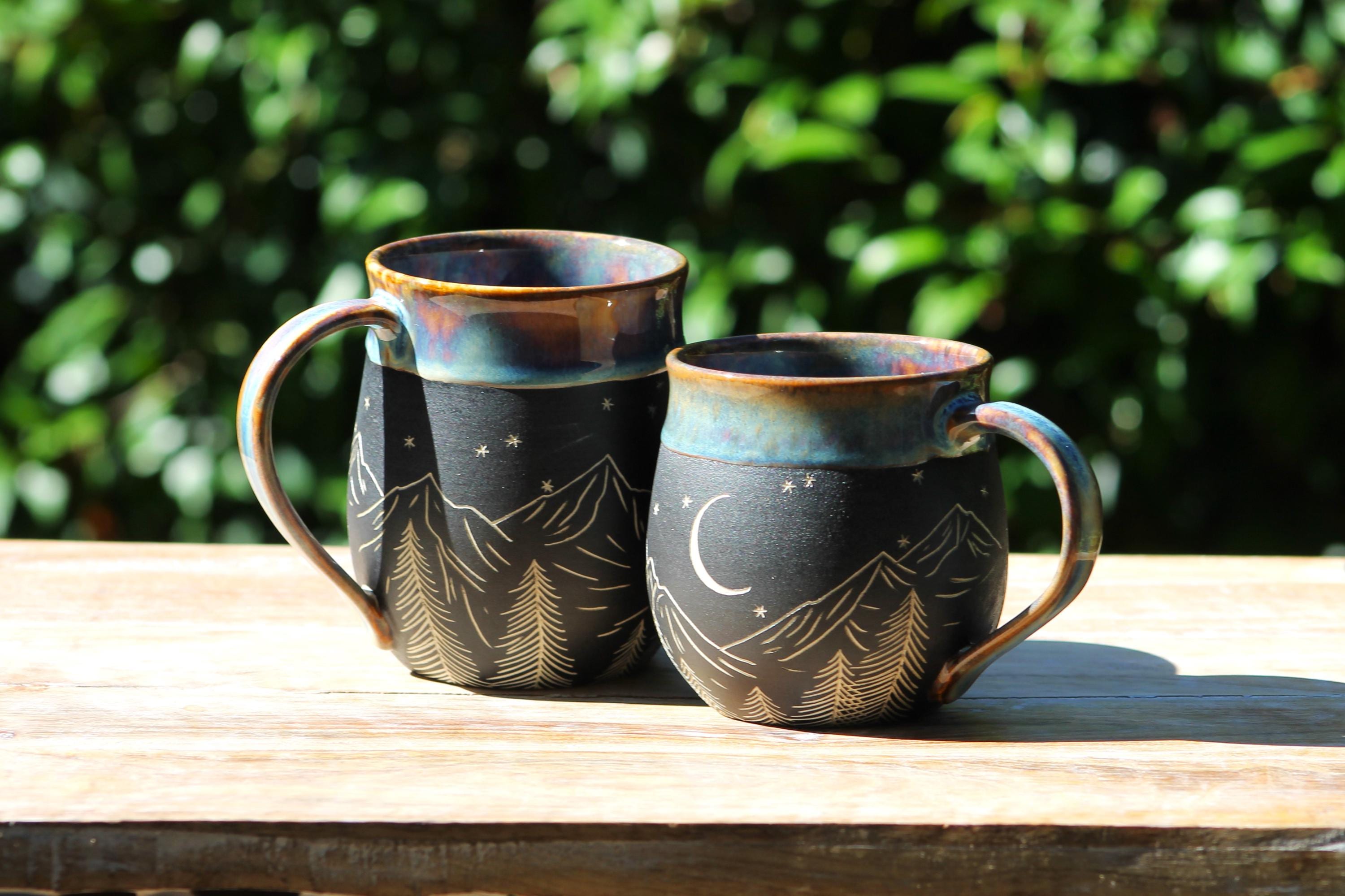 Handmade Carved Ceramic Mug | Mountains | Wheel Thrown Stoneware