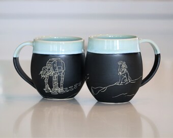 Handmade Carved Ceramic Mug | Hoth | AT-AT | Star Wars | Wheel Thrown Stoneware | Sgraffito | 1 Mug