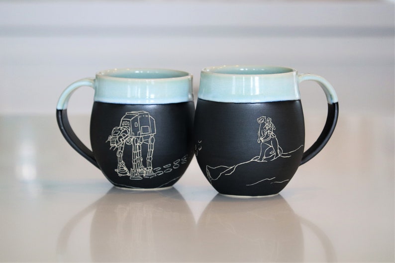 Pre-Order: Handmade Carved Ceramic Mug Hoth AT-AT Star Wars Wheel Thrown Stoneware Sgraffito 1 Mug image 1