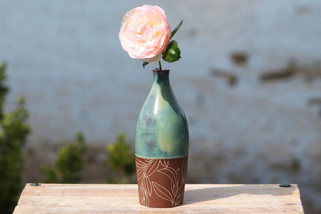 Handmade Carved Ceramic Bud Vase | Olive | Wheel Thrown Stoneware ...