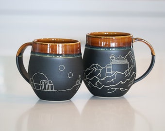 Pre-Order: Handmade Carved Ceramic Mug | Tatooine | Star Wars | Wheel Thrown Stoneware | Sgraffito | 1 Mug