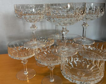 3 PCS Set / Champagner Coupe Glas/ Champagner Glas Art Déco Stil handgeschliffen Riffle Design / Bleikristall / 60s Champagnerglas geriffelt