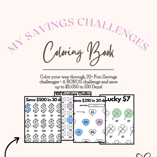 Digital Instant Download 20+ Savings Challenges: Coloring Book + a bonus challenge! 100 Envelope Savings Challenge Coloring Page Included!