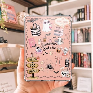 May include: A rectangular tablet case with a light pink background featuring a Summerween Book Club graphic. The design includes illustrations of ghosts, a skull beach bag, a spider with sunglasses, a signpost reading Beach Boo Sunset, and bats.