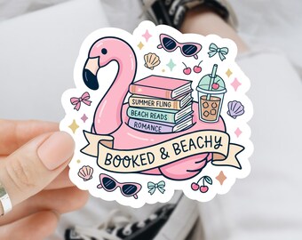 Booked and Beachy Flamingo Sticker, Summer Beach Reads Bookish Decal (Waterproof)