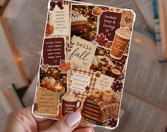 May include: A rectangular tablet case featuring a collage of autumn-themed imagery, including pumpkins, mugs of pumpkin spice drinks, stacks of books, and fallen leaves. The design incorporates text such as hello fall, booked busy & loving it, and sweater weather better together with a good book, set against a warm, rustic color palette of browns, oranges, and creams.
