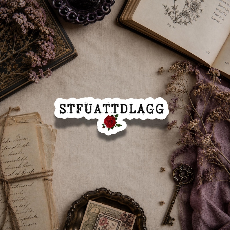 May include: A die-cut sticker featuring the black text STFUATTDLAGG in a bold, sans-serif font, centered above a small, detailed illustration of a single red rose with green leaves, all set against a clean white border outline.