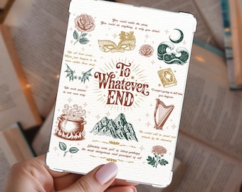 May include: A rectangular white tablet case featuring a central brown text graphic reading To Whatever END surrounded by illustrations of a rose, a gold mask, a crescent moon, waves, dragon wings, a book, a harp, mountains, and a cauldron.