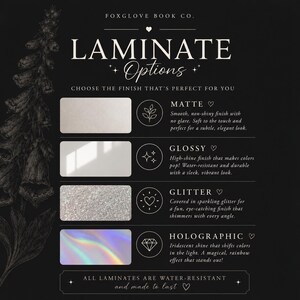 May include: A black informational graphic by Foxglove Book Co. titled LAMINATE OPTIONS. It displays four rectangular swatches: matte, glossy, glitter, and holographic. Each swatch has a corresponding icon and text description detailing the finish.