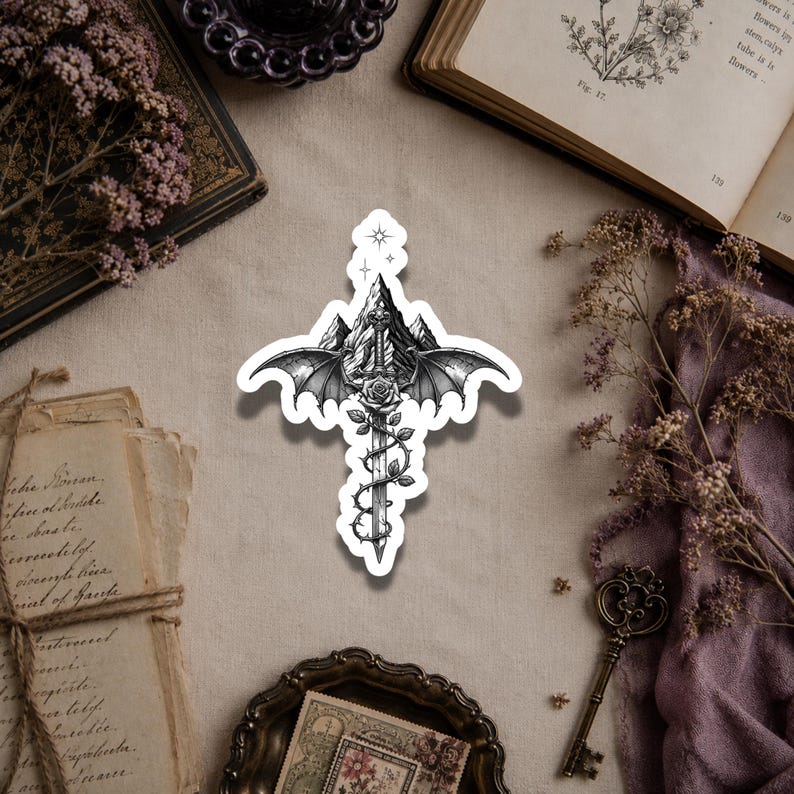 May include: A die-cut sticker featuring a black and white ink illustration of a sword centered in front of a mountain range. The sword is adorned with a rose and thorny vines, flanked by two large bat wings, and topped with a small four-pointed star.