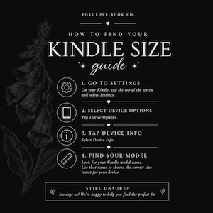 K&ouml;nnte beinhalten: Eine schwarze Infografik mit dem Titel HOW TO FIND YOUR KINDLE SIZE guide von Foxglove Book Co. Sie zeigt eine botanische Illustration von Fingerhutblumen und vier nummerierte Schritte mit Symbolen zur Identifizierung eines Kindle-Modells.