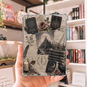 May include: A clear protective tablet case featuring a collage design with a dark castle under a full moon, a crown, a stack of books, a black raven, a sword emblem, a lit candle, a feather quill, and vintage paper textures with printed text.