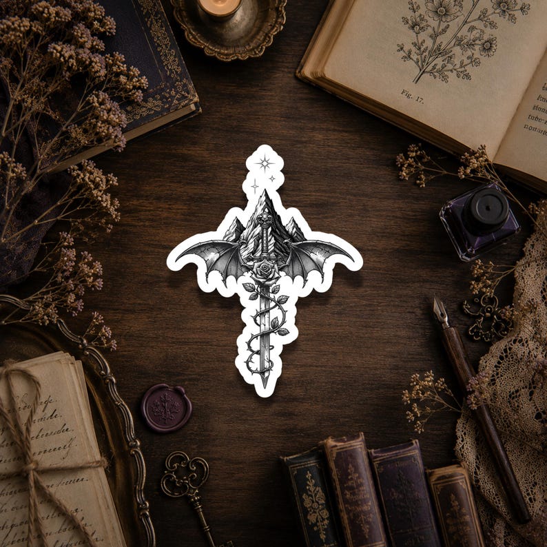 May include: A die-cut sticker featuring a black and white ink illustration of a sword centered in front of a mountain range. The sword is wrapped in a rose vine with thorns and features large, detailed bat-like wings extending from the hilt.