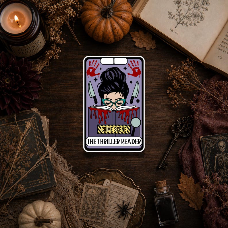 Thriller Reader bookish sticker featuring a thriller-themed design, waterproof vinyl sticker available in glossy, matte, glitter, and holographic finishes.